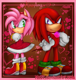 accessory anthro back_to_back big_eyes big_head black_nose boots border bracelet clothed clothing crossed_arms dreadlocks dress duo eyelashes female footwear frown fully_clothed fur gloves green_eyes hair hair_accessory hairband hand_on_hip handwear heart_symbol jewelry legwear looking_back male mittens mostly_nude narrow_hips pink_body pink_border pink_fur pink_hair purple_eyes red_body red_fur red_hair shoes short_hair socks standing tail tan_body tan_skin thin_calves thin_legs thin_thighs toony white_border mn27 sega sonic_the_hedgehog_(series) amy_rose knuckles_the_echidna echidna eulipotyphlan hedgehog mammal monotreme