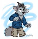 anthro black_body black_fur black_nose blue_clothing blue_hoodie blue_sweatshirt blue_topwear bottomwear cargo_shorts clothing feral fur grey_body grey_fur hoodie khaki_shorts male one_eye_closed shorts solo standing three-quarter_view topwear tinydeerguy fubluzie_(character) canid canine domestic_cat felid feline felis mammal 2019 digital_media_(artwork) hi_res portrait three-quarter_portrait