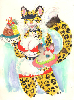 anthro big_breasts blood bodily_fluids breasts cleavage clothed clothing collar ear_piercing ear_ring fangs female food fruit fur gore horn maid_uniform markings open_mouth piercing pineapple plant ring_piercing simple_background smile solo spots spotted_body spotted_fur tail teeth uniform yellow_body kyokyota deer felid leopard mammal pantherine 2021 absurd_res hi_res painting_(artwork) traditional_media_(artwork) watercolor_(artwork)