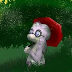 ambiguous_gender anthro blue_eyes eyewear feathers forest forest_background glasses male melancholic nature nature_background pink_body plant scenery solo tree umbrella anduke kerolink avali avian absurd_res hi_res