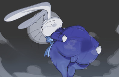 anthro anus backsack balls blush bodily_fluids bow_ribbon bulge butt clothing genitals hand_on_butt long_ears looking_at_viewer looking_back looking_back_at_viewer looking_down looking_down_at_viewer male musk presenting presenting_hindquarters simple_background solo spread_anus spread_butt spreading sweat sweatdrop sweaty_butt tight_clothing whiskers submarine_screw gunbird pom_pom_(gunbird) lagomorph leporid mammal rabbit hi_res