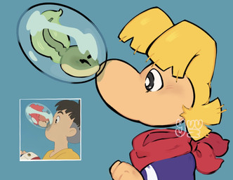 3_fingers aged_down bangs big_nose black_eyebrows black_eyes black_hair black_markings blue_background blush blush_lines bubble clothed clothed_humanoid clothed_male clothing duo eyebrows eyes_closed facial_markings female feral fingers floating_head green_body green_skin green_tail hair head_markings inside_bubble kerchief light looking_at_another love male markings mouth_closed neckerchief neckwear nose_kiss pupils purple_clothing purple_shirt purple_topwear red_kerchief red_neckerchief shirt short_hair simple_background size_difference smaller_feral smaller_male standing tail tan_body tan_skin text topwear white_pupils yellow_clothing yellow_shirt yellow_topwear young young_feral young_human young_humanoid young_male sillyhog captain_laserhawk:_a_blood_dragon_remix ghibli ponyo_on_a_cliff_by_the_sea rayman_(series) ubisoft bullfrog_(captain_laserhawk) ponyo rayman sosuke_(ponyo) amphibian human humanoid mammal raypeople_(rayman) tadpole 2025 artist_name colored crossover digital_drawing_(artwork) digital_media_(artwork) english_description hi_res lighting reference_image shaded male_(lore)