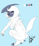 anthro blue_body butt claws crouching fur male nails pose red_eyes sitting solo white_body white_fur young young_anthro young_male smol_boye nintendo pokemon absol generation_3_pokemon pokemon_(species) hi_res