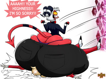 4_fingers apology big_butt black_clothing butt butt_cleavage butt_crush clothing cracked_ground duo female fingers hair horn huge_butt hyper hyper_butt male not_furry red_body red_skin tail text white_hair yellow_sclera rampageguy hazbin_hotel hellaverse helluva_boss charlie_morningstar moxxie_(helluva_boss) demon humanoid imp 2025 dated english_text hi_res