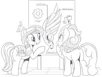 ambiguous_gender amputee butt cutie_mark cybernetic_wing cybernetics disability duo eyelashes feral hooves machine open_mouth open_smile scales smile wings nauyaco asian_mythology chinese_mythology east_asian_mythology hasbro my_little_pony mythology fan_character dragon earth_pony equid equine horse kirin mammal mythological_creature mythological_scalie pony scalie 2022 monochrome
