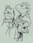 anthro clothed clothing glistening glistening_eyes jacket male mouth_closed narrowed_eyes open_mouth simple_background solo teeth tongue topwear khyaber scalie bust_portrait hi_res monochrome portrait sketch_page