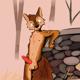 balls blush erection expressive fog genitals humanoid_genitalia leaning looking_at_viewer male outside penis red_penis solo standing strayedfoxinsox louis_pierre canid canine canis coyote coywolf hybrid mammal wolf 1:1 hi_res