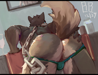 anthro anus athletic bent_over black_bars butt chain chain_leash chained_collar clothing collar container cup dutch_angle first_person_view furniture glass glass_container glass_cup hand_on_table jockstrap leash leashed_collar leashing_pov looking_back male painting_on_wall raised_tail rear_view solo spread_butt spreading table tail underwear wuqianlong576 canid canine canis mammal wolf hi_res letterbox signature