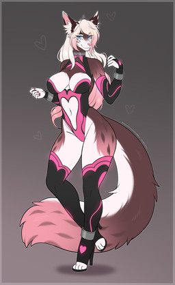 5_fingers anthro armwear bangs big_breasts blue_eyes breasts brown_body clothing cutout eyelashes female fingers footwear hair heart_symbol inner_ear_fluff legwear leotard long_hair navel pink_hair pink_nose shoes snout solo stockings tail tuft white_body white_hair kitsunewaffles-chan canid canine mammal colored digital_drawing_(artwork) digital_media_(artwork) flat_colors hi_res