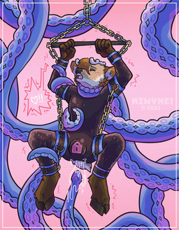abstract_background after_anal ankle_cuffs anthro antlers black_bodysuit black_clothing black_hooves black_latex black_nose black_skinsuit blush bodily_fluids bodysuit border bound brown_body brown_fur brown_hair bulge chain chained cheek_tuft clothing consentacles cuff_(restraint) cum cum_drip cum_on_tentacle dripping eyes_closed facial_tuft frogtied front_view fur genital_fluids hair hooves horn latex latex_bodysuit latex_clothing latex_skinsuit legs_tied lock_bulge lock_symbol looking_pleasured male motion_lines null_bulge open_mouth restraints sex simple_background skinsuit solo tan_body tan_fur tentacle_around_arm tentacle_around_leg tentacle_around_waist tentacle_sex tentacles text thigh_cuffs tight_clothing tuft white_antlers white_body white_border white_fur wrist_cuffs kiwyne deer mammal 2021 artist_name dated digital_media_(artwork) hi_res