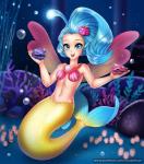 alternate_species blue_eyes blue_hair bubble female hair looking_at_viewer navel open_mouth open_smile seashell shell smile solo split_form text tropical underwater water racoon-kun friendship_is_magic hasbro my_little_pony my_little_pony:_the_movie_(2017) princess_skystar_(mlp) shelldon_(mlp) shelly_(mlp) bivalve clam marine merfolk mollusk 2017 digital_media_(artwork) url