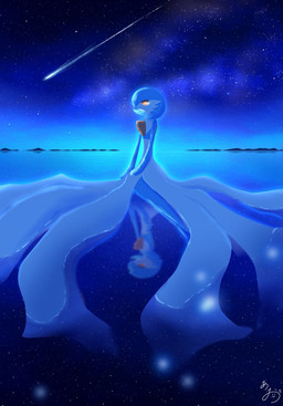 ambiguous_gender blue_pseudo_hair comet night orange_eyes pseudo_hair reflection sky solo star starry_sky water white_body natu_a0z0ra nintendo pokemon gardevoir generation_3_pokemon humanoid pokemon_(species) 2026 hi_res signature