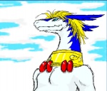 anthro blonde_hair blue_body blue_eyes blue_fur blue_sky cloud fur hair jewelry looking_away male necklace red_accessory simple_background sky skyscape smile solo white_background white_body white_fur yellow_accessory coochan legendz mythology shiron dragon mythological_creature mythological_scalie scalie windragon sketch