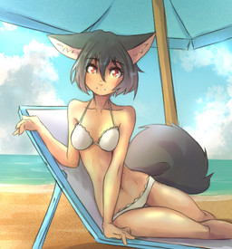 5_fingers arm_support bangs beach beach_chair bikini breasts cleavage clothed clothing cloud day detailed_background eyebrow_through_hair eyebrows eyelashes female fingers fur grey_body grey_fur grey_hair hair inner_ear_fluff looking_at_viewer midriff navel outside pose red_eyes sand seaside shadow short_hair sitting sky slim smile solo swimwear thigh_gap translucent translucent_hair tuft two-piece_swimsuit umbrella water white_body white_skin yokozuwari tinygaypirate animal_humanoid canid canid_humanoid canine canine_humanoid humanoid mammal mammal_humanoid digital_media_(artwork) hi_res