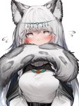 black_body black_fur blush bodily_fluids breasts circlet clothed clothing female female_humanoid fluffy fluffy_ears fluffy_tail flying_sweatdrops fur grey_body grey_fur grey_hair hair inner_ear_fluff long_hair looking_at_viewer mouth_hold multicolored_ears multicolored_tail solo sweat sweatdrop tail tail_in_mouth tuft white_eyes tabhead arknights hypergryph studio_montagne pramanix_(arknights) animal_humanoid felid felid_humanoid humanoid mammal mammal_humanoid pantherine pantherine_humanoid snow_leopard_humanoid 2022 absurd_res digital_media_(artwork) hi_res translated_description