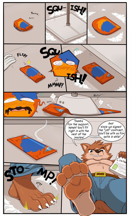 4_toes anthro blush claws compressed dialogue duo feet flattened flattening_fetish folded foot_fetish foot_focus foot_play inanimate_transformation insole male male/male pawpads paws permanent permanent_transformation recycle soles speech_bubble spiral spiral_eyes squish stomping text toe_claws toes transformation willing_transformation eccentricchimera squishdingo_(character) canid canine canis dingo mammal absurd_res comic english_text hi_res