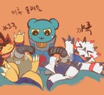 anthro blue_body blush claws group laugh male tickling trio white_body yellow_body enodgmxa bandai_namco digimon digimon_ghost_game digimon_(species) espimon gammamon goo_creature ryudamon hi_res