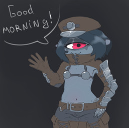 1_eye 5_fingers anthro armor belt blue_body blue_hair blue_skin cat_smile clothing female fingers gloves grey_body grey_skin hair handwear navel pouch_(clothing) red_eyes solo text topwear wide_hips fluffydevoid ner'yasha cyclops english_text