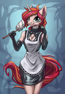 anthro apron clothing collar collar_pull dress female gloves hair handwear horn latex latex_clothing latex_dress latex_gloves latex_handwear long_tail looking_at_viewer maid_uniform pose red_hair solo tail uniform stirren hasbro my_little_pony mythology fan_character equid equine mammal mythological_creature mythological_equine unicorn hi_res pinup