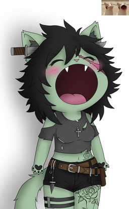 4_fingers anthro black_claws black_finger_claws black_hair black_pawpads blush blush_lines christian_cross christian_symbol claws clothing cross cross_necklace fangs female finger_claws fingers fur green_body green_ears green_fur green_inner_ear green_inner_ear_fluff green_tail hair inner_ear_fluff jewelry knife knife_in_head necklace open_mouth pawpads pink_nose religion religious_symbol smile solo tail tattoo teeth torn_clothing tuft caucau123 christianity pop_cat khaela domestic_cat felid feline felis mammal undead zombie hi_res meme