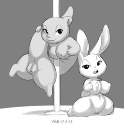 anthro anus big_breasts breasts butt duo female flexible genitals nipples open_mouth pole presenting presenting_hindquarters raised_tail smile stripper_pole tail vulva wide_hips xylas lagomorph leporid mammal mustelid otter rabbit 1:1 2017 monochrome