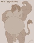 anthro balls beard belly biceps big_balls big_belly big_muscles big_penis biped eyebrows facial_hair felid flaccid flexing flexing_bicep front_view genitals glans greyscale hi_res humanoid_genitalia humanoid_penis juano lion long_mane looking_at_viewer male mammal monochrome musclegut muscular muscular_anthro muscular_male muscular_thighs mustache navel nipples nude pantherine pecs penis solo standing tail tail_tuft tuft