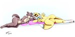 anthro barely_visible_genitalia barely_visible_pussy breasts brown_body brown_fur butt duo female fur genitals head_on_hand lying nude on_side pawpads pussy yellow_body yellow_fur biobrony bandai_namco beastars digimon juno_(beastars) canid canine canis digimon_(species) mammal renamon wolf 2020 absurd_res hi_res