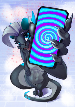 anthro big_tail blue_eyes claws female finger_claws high-angle_view horn hypnosis hypnotizing_viewer long_tail looking_at_viewer mind_control mohawk open_mouth phone_screen showing_phone solo spiral spots standing tail toe_claws stirren stirren_(stirren) kobold scalie hi_res