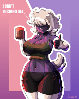 5_fingers abstract_background anthro big_breasts black_bottomwear black_bra black_clothing black_shorts black_underwear bottomwear bra breasts cleavage clothed clothing container cup dialogue dipstick_tail female fingers fur gesture hair hair_over_eyes hand_gesture holding_container holding_cup holding_mug holding_object markings midriff mug navel open_mouth pink_tongue profanity purple_body purple_fur shorts snout solo standing tail tail_markings teeth text thick_thighs three-quarter_view thumbs_up tongue underwear white_body white_fur white_hair wide_hips justbirb mammal unknown_species 4:5 absurd_res artist_name character_request digital_media_(artwork) english_text hi_res krita_(artwork) portrait three-quarter_portrait