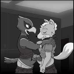 anthro balls beak blush bodily_fluids clothed clothing duo erection feathers frottage fur genital_fluids genitals handjob humanoid_genitalia humanoid_penis locker locker_room male male/male open_mouth partially_clothed penile penis penises_touching precum sex tongue underwear spicyrooster nintendo star_fox falco_lombardi fox_mccloud avian bird canid canine falcon falconid fox mammal 2020 digital_media_(artwork) greyscale monochrome