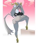 2_horns anthro antlers big_breasts big_butt big_ears blush bodily_fluids breasts butt clothing eyebrows eyelashes featureless_crotch female footwear fur grey_body grey_fur grey_tail horn huge_breasts long_ears looking_at_viewer shirt shoes solo sweat tail thick_thighs topwear twitter_handle stormrayneart pseudoregalia sybil_(pseudoregalia) jackalope lagomorph mammal 2024 absurd_res artist_name hi_res