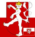 2023 anthro blush blush_lines bohemian_flag cheek_tuft chest_tuft claws coat_of_arms crotch_tuft crown digital_media_(artwork) facial_tuft felid fur gigawix headgear hi_res leg_tuft lion looking_at_viewer male mammal on_one_leg open_mouth pantherine solo standing tongue tongue_out tuft white_body white_fur yellow_tongue