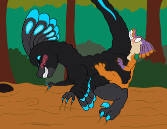 black_body black_feathers blue_body blue_claws blue_eyeshadow blue_feather_hair blue_feathers blush claws convenient_censorship dominant dominant_female dominant_feral duo eyeshadow feather_hair feathers female feral feral_on_bottom feral_on_feral feral_on_top forest forest_background forest_sex frill_(anatomy) grey_body grey_feather_hair grey_feathers larger_female log makeup male male/female nature nature_background orange_body plant pseudo_hair purple_hands sharp_teeth shrub sickle_claw size_difference smaller_male submissive submissive_feral submissive_male tan_underbelly teeth toe_claws tree wood therealmessyroomguy1 capcom monster_hunter lumina_(therealmessyroomguy1) bird_wyvern dinosaur dromaeosaurid feathered_dinosaur feathered_scalie jaggi prehistoric_species reptile saurischian scalie theropod hi_res story story_in_description