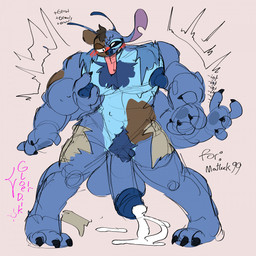 3_toes 4_arms 4_fingers antennae_(anatomy) anthro balls big_penis black_eyes blue_balls blue_body blue_fur blue_glans blue_nipples blue_nose blue_pawpads blue_penis blush blush_lines bodily_fluids body_hair body_size_growth chest_hair claws clothing cum cum_on_ground dipstick_antennae ejaculation erect_nipples feet finger_claws fingers fur genital_fluids genitals glans growth humanoid_genitalia humanoid_penis long_tongue male multi_arm multi_limb multicolored_antennae muscle_growth muscular muscular_anthro muscular_male nipple_fetish nipple_play nipples notched_ear pawpads penis pink_tongue pubes simple_background size_transformation solo species_transformation text tf_into_fictional_character toe_claws toes tongue tongue_out torn_clothing transformation gloedik disney lilo_and_stitch stitch_(lilo_and_stitch) alien experiment_(lilo_and_stitch) 1:1 2026 artist_name colored_sketch commissioner_name digital_drawing_(artwork) digital_media_(artwork) english_text flat_colors hi_res sketch