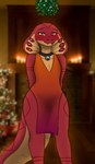 ambiguous_gender anthro bell bell_collar blush christmas clothed clothing cobra collar digital_media_(artwork) dress hi_res holidays kawattame looking_at_viewer mistletoe multi_eye orange_eyes plant red_body red_eyes reptile scalie smile snake snake_hood solo tail thick_tail thick_thighs twig_grink wide_hips