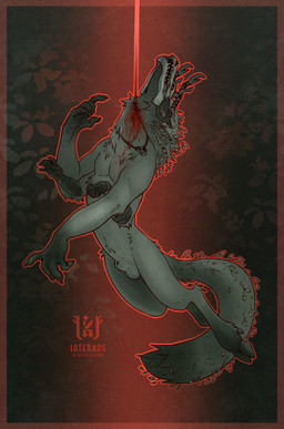 animal_genitalia anthro antlers blood bodily_fluids bone featureless_chest genitals gore hanged hooves horn imminent_death jewelry long_tail male multi_arm multi_limb necklace scales sheath skull skull_head snared snuff solo strangling tail wounded interkos kinktober kinktober_2025 canid canine cervine deer hybrid mammal monster unknown_species 2025 hi_res monochrome