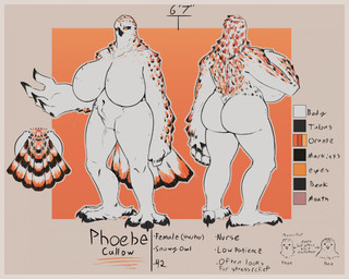 anthro beak big_breasts black_beak black_markings border breasts feathers featureless_breasts featureless_crotch female female_anthro front_view huge_breasts markings mouth_closed navel non-mammal_breasts non-mammal_navel nude orange_border orange_eyes orange_markings overweight overweight_anthro overweight_female rear_view simple_background solo standing tail tail_feathers text white_body white_feathers jezzlen phoebe_(jezzlen) avian bird horned_owl owl snowy_owl true_owl english_text hi_res model_sheet
