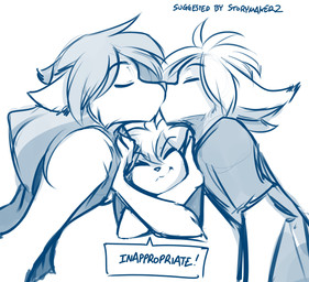 annoyed anthro clothed clothing crossed_arms dialogue eyes_closed female group kissing male male/female pushing simple_background text white_background conditional_dnp tom_fischbach twokinds keith_keiser madelyn_adelaide natani basitin canid canine canis keidran mammal wolf 2019 adobe_photoshop_(artwork) blue_and_white digital_media_(artwork) english_text monochrome sketch