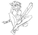 anthro big_gun clothed clothing cloven_hooves ear_piercing ear_ring female fully_clothed gun hat headgear headwear hooves lever_action_rifle piercing ranged_weapon ring_piercing solo tongue tongue_out weapon topazknight bovid bovine mammal monochrome