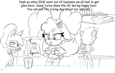 anthro big_breasts breasts clothed clothing convenient_censorship female female_anthro group hair horn ponytail prehensile_tail tail text topless trio underwear b333sss hooters idw_publishing sega sonic_the_hedgehog_(comics) sonic_the_hedgehog_(idw) sonic_the_hedgehog_(series) lanolin_the_sheep_(sonic) tangle_the_lemur whisper_the_wolf bovid canid canine canis caprine lemur mammal primate ring-tailed_lemur sheep strepsirrhine wolf english_text hi_res monochrome