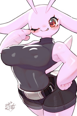4_fingers antennae_(anatomy) anthro belt biped black_clothing blush blush_lines bottomwear breasts butt clothed clothing eyelashes female fingers front_view fully_clothed hand_on_hip looking_at_viewer monotone_body navel nipple_outline pink_body pose red_eyes shorts simple_background smile solo standing tail thick_thighs three-quarter_view tongue tongue_out topwear white_background keyhat_tk10 arthropod insect lepidopteran moth 2023 dated digital_drawing_(artwork) digital_media_(artwork) signature