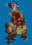 anthro blood blood_from_mouth blood_in_mouth blood_on_arm blood_on_leg blue_background bodily_fluids cheek_tuft clothed clothing crying ears_back eyes_closed facial_tuft fur grey_body grey_fur gun holding_gun holding_object holding_ranged_weapon holding_weapon male neck_tuft nosebleed pivoted_ears ranged_weapon simple_background solo tears torn_clothing tuft weapon 0ct0m0n0 canid mammal absurd_res hi_res