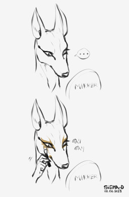 anthro black_nose bodily_fluids ellipsis eyebrows eyelashes eyeliner eyeshadow female fingers fur looking_at_object makeup markings mirror mouth_closed personal_grooming pointy_ears prick_ears pupils simple_background snout solo speech_bubble tears text white_background sigma-d laila_(sigma-d) anubian_jackal canid canine canis jackal mammal 2023 artist_name dated digital_drawing_(artwork) digital_media_(artwork) english_text hi_res monochrome portrait signature sketch