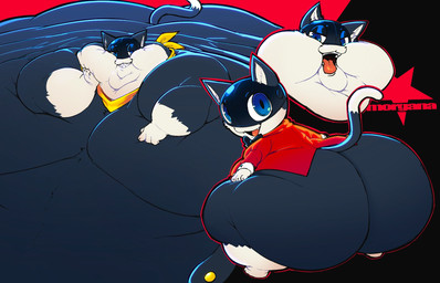 :3 anthro belt big_butt black_body black_fur blobby blue_body bottom_heavy bottomless bottomless_anthro bottomless_male bow_tie butt chubby_cheeks clothed clothing cute_fangs double_chin fangs fur half-closed_eyes huge_butt hyper_cheeks kerchief looking_at_viewer looking_back looking_back_at_viewer male markings mask mask_only morbidly_obese morbidly_obese_anthro morbidly_obese_male mostly_nude_anthro mostly_nude_male narrowed_eyes neckerchief neckwear nude obese obese_anthro obese_male open_mouth open_smile overweight overweight_anthro overweight_male shortstack smile solo suit_jacket tail tail_markings teeth text white_body white_fur meowmymyamo atlus megami_tensei persona_(series) persona_5 sega morgana_(persona) domestic_cat felid feline felis mammal tuxedo_cat 2025 character_name hi_res