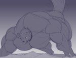 big_muscles collar gradient_background huge_muscles hyper hyper_muscles looking_at_surface macro male muscular nude simple_background solo tail tail_motion tailwag tongue tongue_out sonicgamer canid canine mammal 2017 sketch