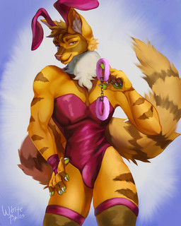 5_fingers anthro blue_tongue bodysuit brown_body brown_eyes brown_fingers brown_fur brown_hair brown_nose brown_stripes bulge bunny_costume cheek_tuft claws clothed clothing costume crossdressing crossdressing_male cuff_(restraint) eyebrows facial_tuft fake_ears fake_rabbit_ears fangs finger_claws fingers fluffy fluffy_tail front_view fur gloves green_pawpads hair handcuffs handwear happy inner_ear_fluff legwear long_tail looking_at_viewer male mane metal_cuffs muscular muscular_male neck_tuft open_mouth orange_body orange_fur pawpads pink_bodysuit pink_clothing pink_gloves pink_handcuffs pink_handwear pink_skinsuit pink_stockings playboy_bunny pose restraints short_hair simple_background skinsuit smile smiling_at_viewer solo stockings stripes tail teeth tight_clothing tongue tuft white_fluff white_mane wide_hips whitebaloo skyclaw_eallec_(character) canid canine canis mammal wolf 4:5 absurd_res hi_res pinup portrait three-quarter_portrait