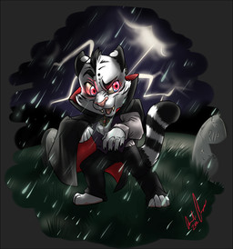 anthro barefoot black_body black_fur cape clothed clothing electricity feet fur grass grey_background lightning male open_mouth outside pink_nose plant red_eyes sharp_teeth simple_background smile solo storm stripes suit teeth text tombstone tongue water white_body white_fur blizzieart felid hybrid mammal pantherine tiger vampire 2012 digital_media_(artwork) english_text full-length_portrait portrait