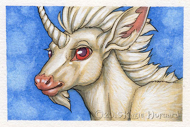 fur hair horn red_eyes solo white_body white_fur white_hair katie_hofgard mythology equid equine mammal mythological_creature mythological_equine unicorn 2015 headshot_portrait portrait traditional_media_(artwork)
