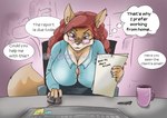 angry anthro big_breasts breast_size_difference breast_squish breasts busy chair cleavage cleavage_cutout cleavage_overflow clothed clothing cutout dress_shirt female furniture hair looking_at_viewer office office_chair office_lady red_hair shirt slightly_chubby slightly_chubby_female solo squish text topwear alexis_kitsune canid canine fox mammal absurd_res english_text hi_res watermark