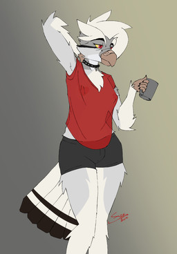 anthro areola band-aid band-aid_on_beak band-aid_on_face band-aid_on_nose bandage bandage_on_beak bandage_on_face bandage_on_nose beak black_bottomwear black_clothing black_shorts bottomwear breasts clothed clothed_anthro clothed_female clothing collar container cup eyebrows feathers female female_anthro fur grey_background grey_body grey_fur hair hand_behind_head heart_areola heart_nipples holding_container holding_cup holding_mug holding_object mug nipple_outline nipples non-mammal_breasts non-mammal_nipples red_clothing red_eyes red_shirt red_topwear shirt shorts simple_background solo spiked_collar spikes standing tail tail_feathers topwear translucent translucent_clothing translucent_shirt translucent_topwear white_body white_fur white_hair yellow_sclera fisk_sheetz joy_(shammy) avian bird owl 2025 colored digital_drawing_(artwork) digital_media_(artwork) flat_colors hi_res portrait signature three-quarter_portrait